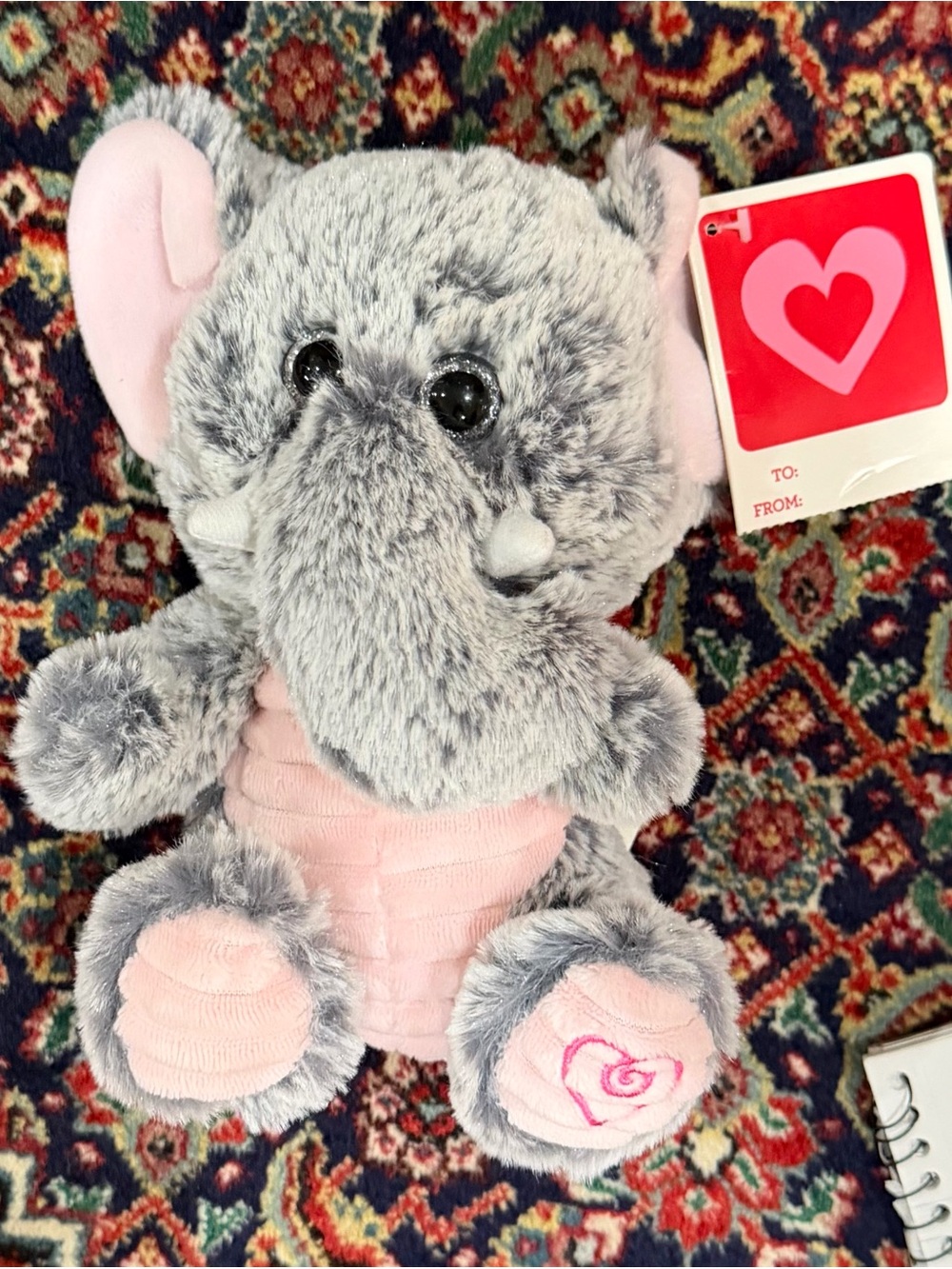 WALMART ELEPHANT GRAY/PINK W/GLITTER EYES .EMBROIDERED HEART STUFFED ANIMAL. 6’5